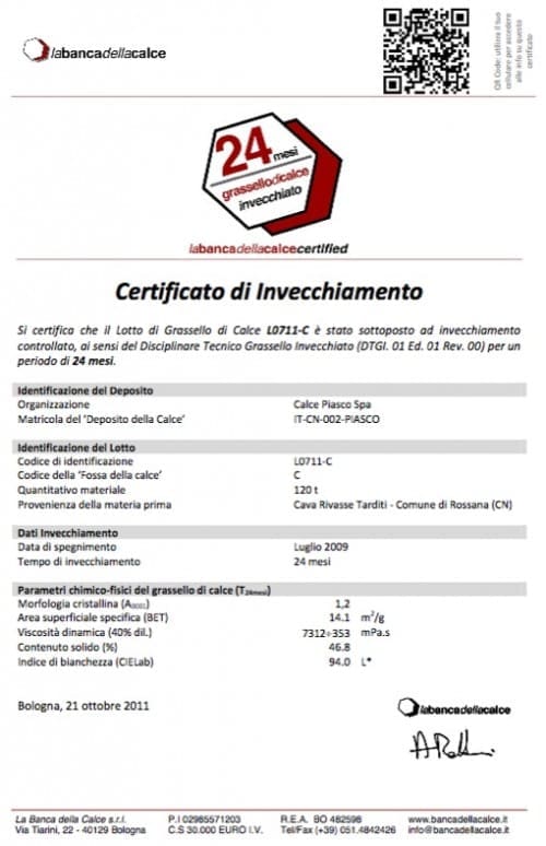 calce certificato di invecchiamento
